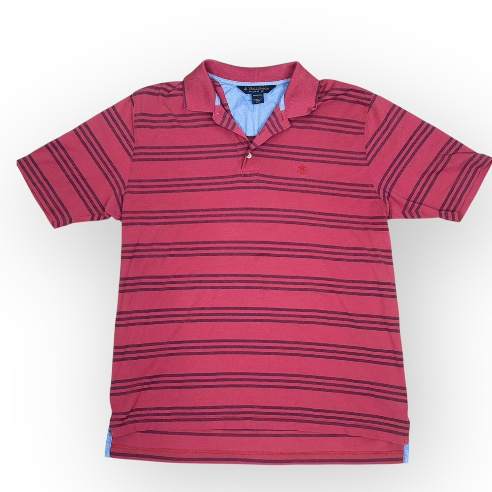 Brooks‎ Brothers Mens L Red & Blue Striped Short Sleeve Polo Mercerized Cotton